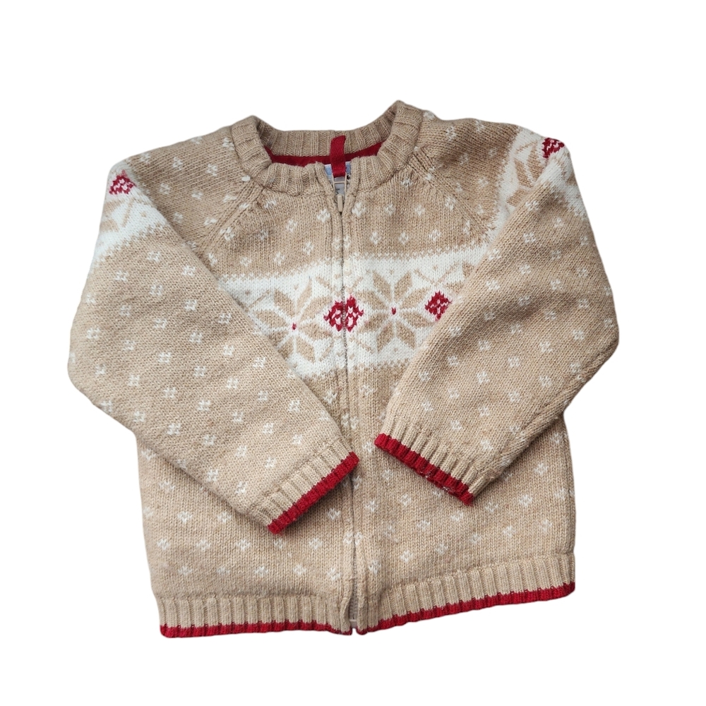 JANIE & JACK wool blend full zip fair isle sweater in tan white 2T